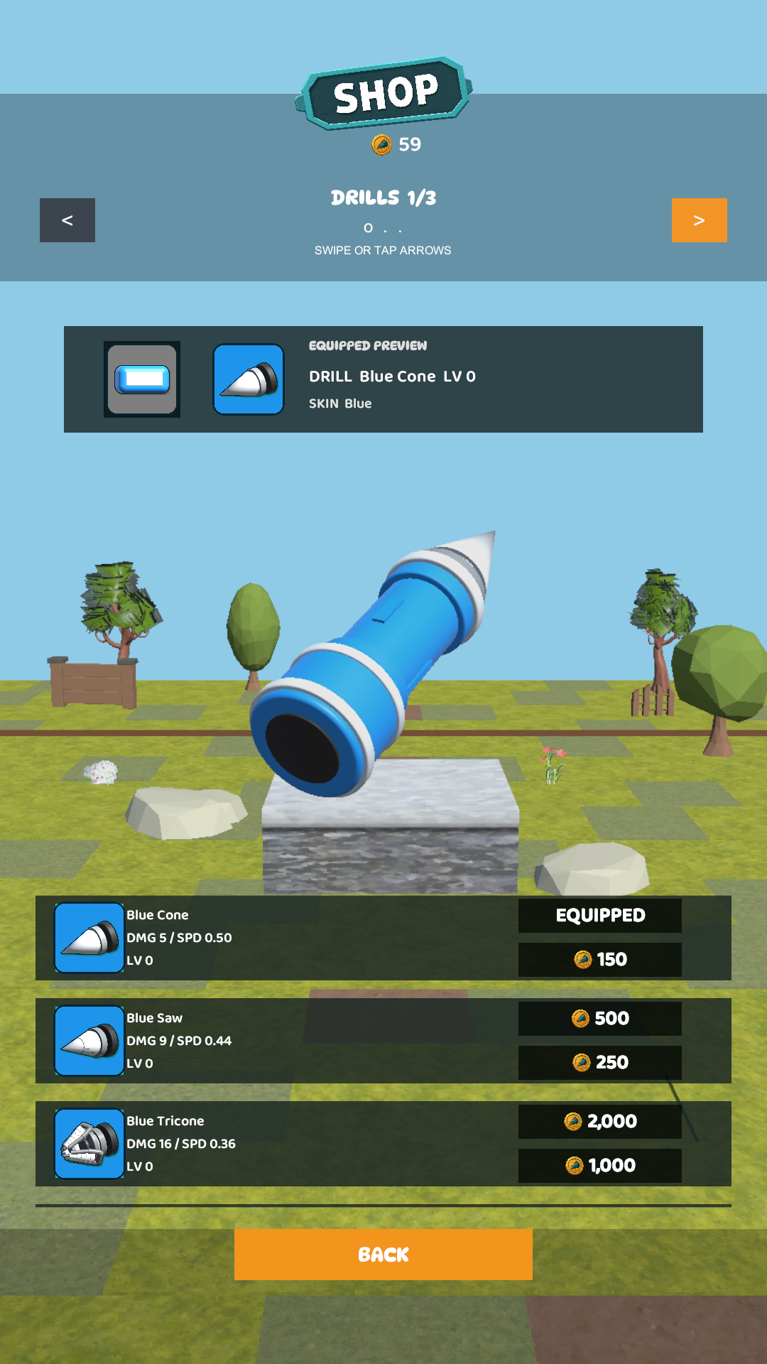 Drill selection and upgrade screen